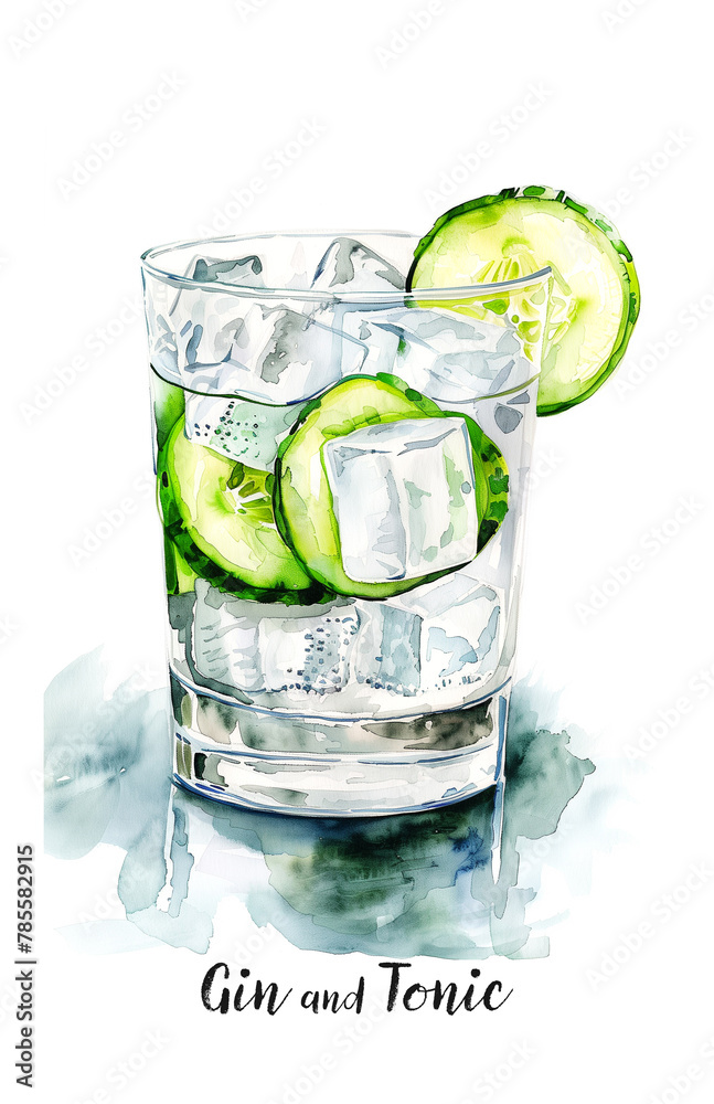 Watercolor illustration of Gin and tonic cocktail with cucumber isolated on white Watercolor illustration of Gin and tonic cocktail with cucumber isolated on white