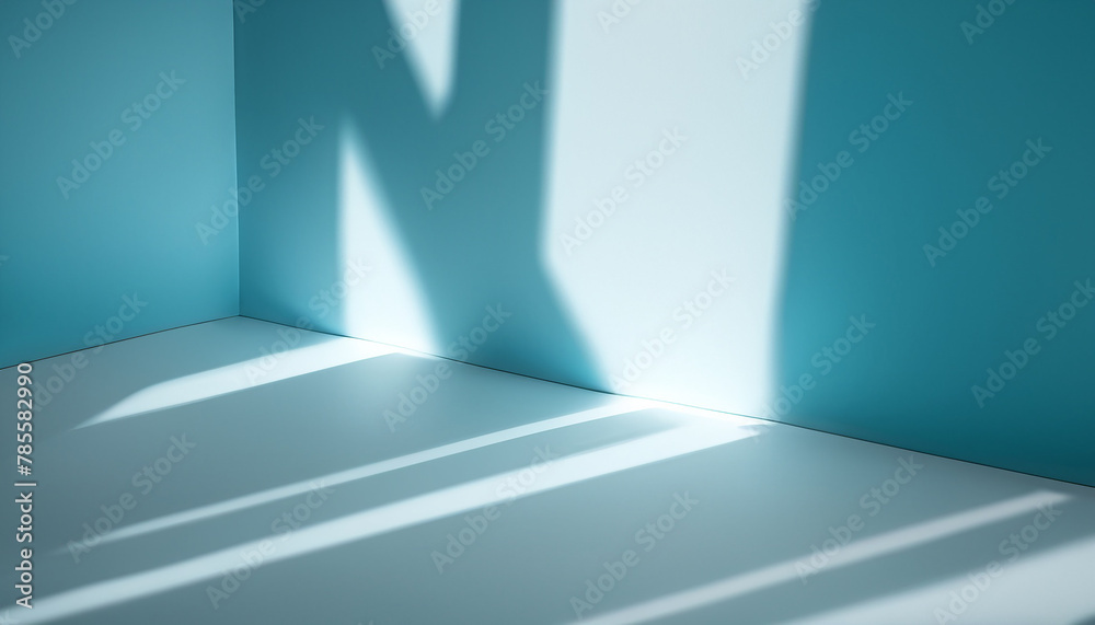Obraz premium Abstract studio blue background for product presentation. Empty room with shadows of window and flowers and palm leaves . 3d room with copy space. Summer concert. backdrop. beauty product placement.