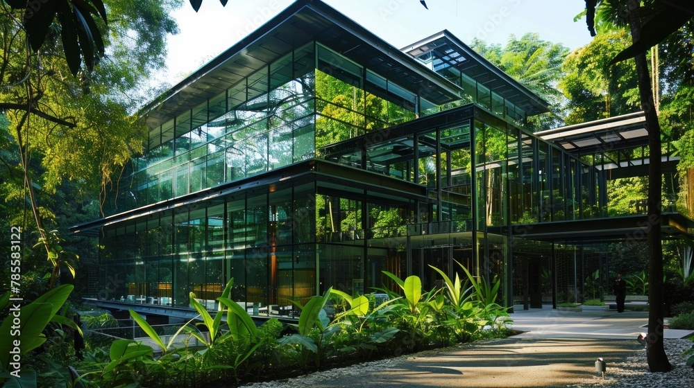 Sustainable Glass Building - Modern architecture blending seamlessly with nature.