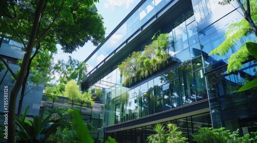 Sustainable glass building blending with nature, embodying eco-friendly design and innovation.