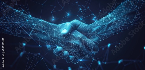  Digital Artwork of Low Poly Hands, Blue-Toned Network Connectivity Concept Illustration