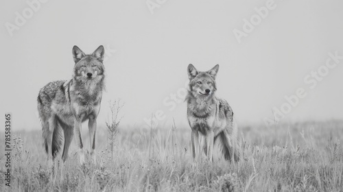 Wild coyotes roaming freely amidst the untamed beauty of the North American prairie, capturing the essence of the wilderness.