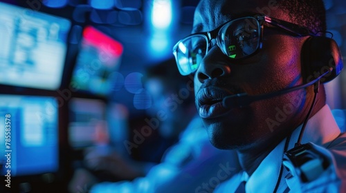 Emergency Response Center. Coordinating Public Safety - Operators and security guards working diligently in a high-tech emergency call center, ensuring public safety.