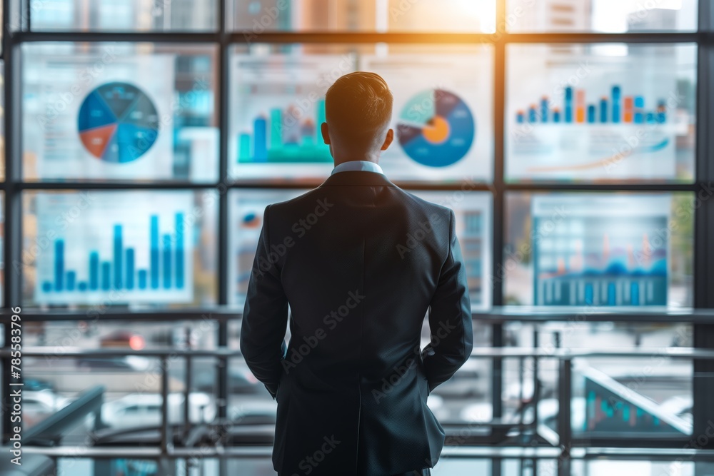 Fototapeta premium Businessman views holographic financial data.
