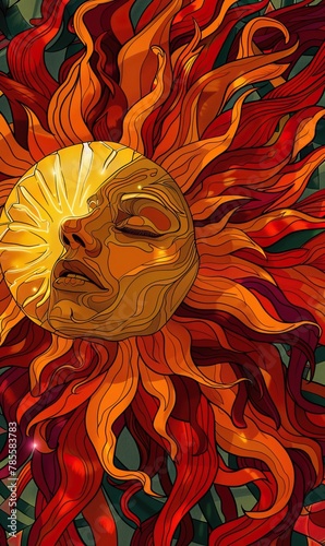 An artistic depiction of a sun with a human face surrounded by fiery waves