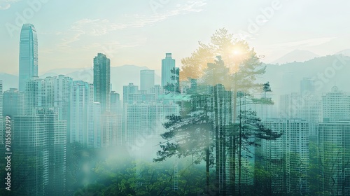 Green forest overlay landscape on downtown green city double exposure cityscape