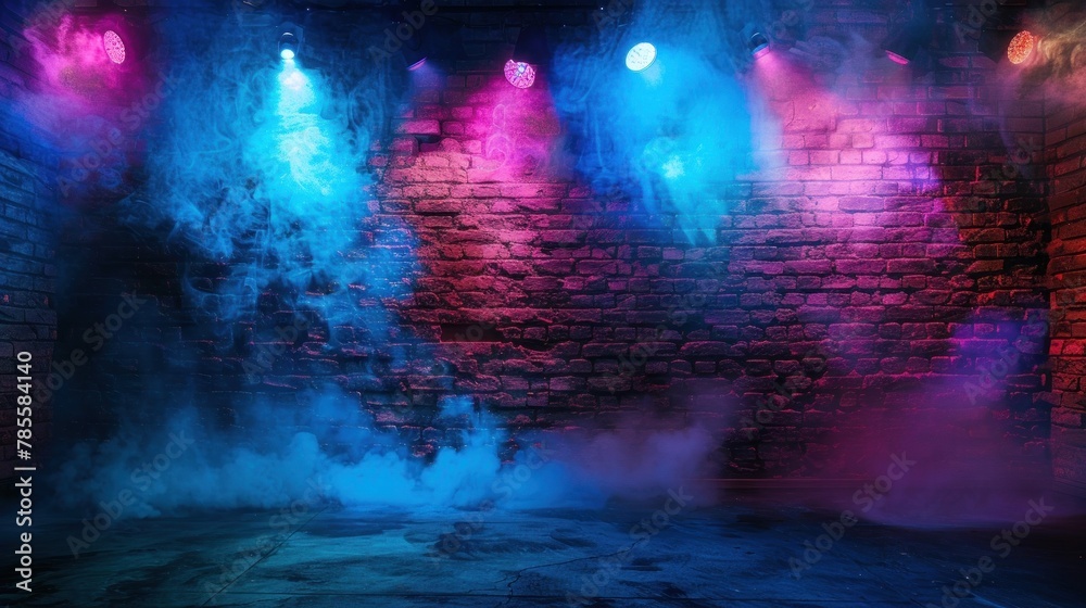 Weathered Brick Wall with Laser Beams - A textured backdrop of a weathered brick wall bathed in hues of blue and purple, with laser beams and neon lights casting an ethereal glow.