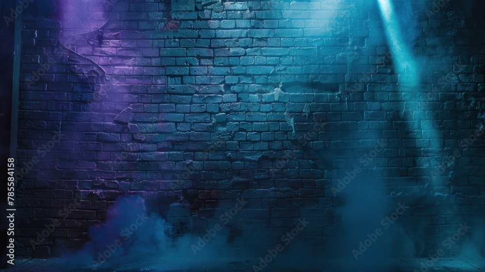 Weathered brick wall with laser beams and neon lights, adding depth to empty studio scene.
