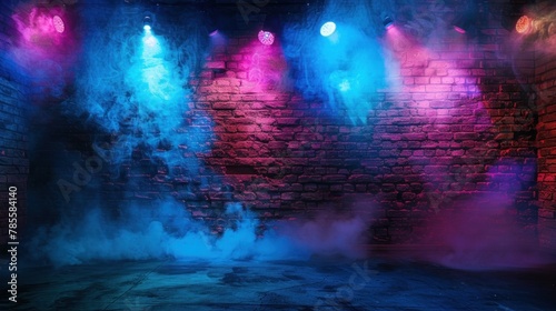 Weathered Brick Wall with Laser Beams - A textured backdrop of a weathered brick wall bathed in hues of blue and purple, with laser beams and neon lights casting an ethereal glow.