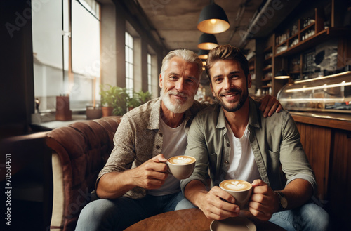 modern people father and son in a bar drinking coffee in happy mood and friendship relationship 