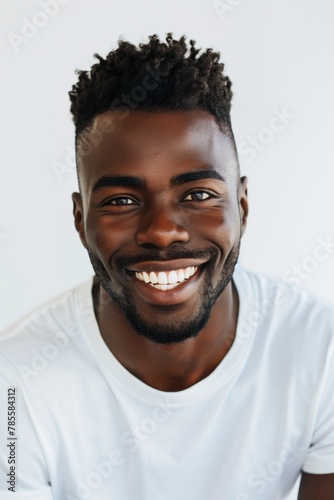 Black smiling man in white t-shirt on white background.