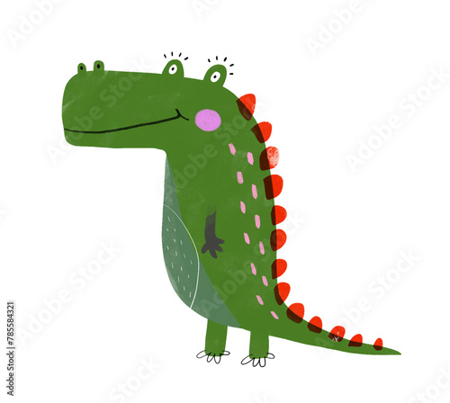Cute Green Alligator. Funny Crocodile with Pink Blush. Simple Nursery Art with Green Croc. Hand Drawn Dino on a White Background Ideal for Card, Wall Art, Poster. Print with Prehistoric Animal. 