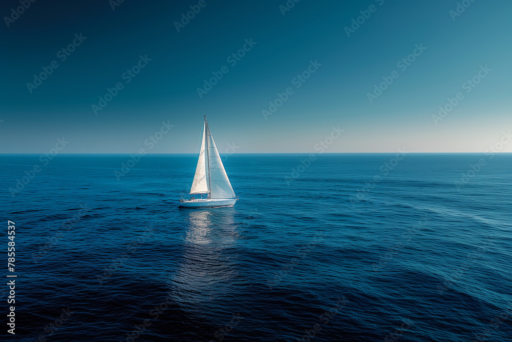 A lone white sailboat in deep blue ocean.