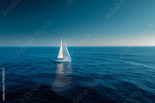 A lone white sailboat in deep blue ocean.