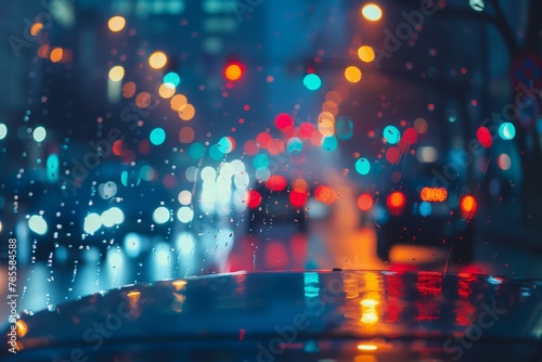 Rainy city night, colorful reflections.