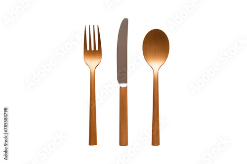 Set of copper spoon, fork and knife. Isolated transparent PNG background cutout. 