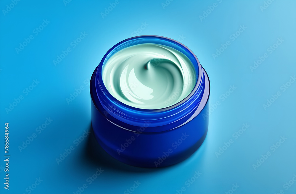 Face cream moisturiser in a container on blue background, body care and skincare cosmetic product. Face cream moisturiser in a container on blue background, body care and skincare cosmetic product.