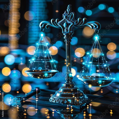 An illustration of the scales of justice with a glowing blue light on a dark background. photo