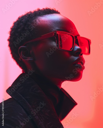 Woman in Red Glasses and Black Jacket photo