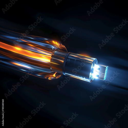 Illustration of a fiber optic cable with glowing end on black background photo