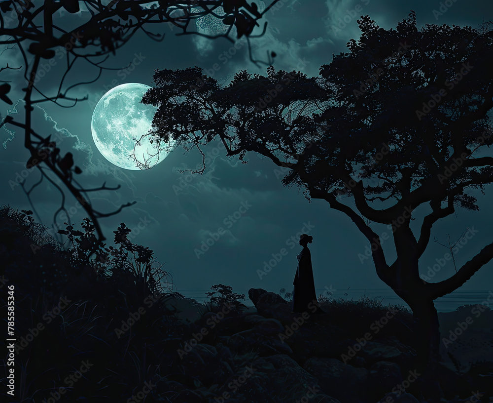 Moonlit Night Realistic Photography Silhouette Lighting Vignette