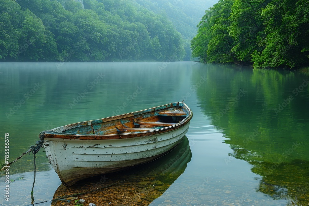 An old white rowboat tethered near the shore of a serene lake surrounded by dense fog and forest