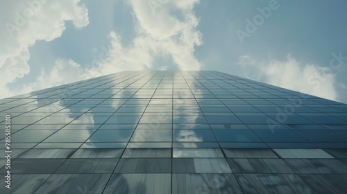 Modern skyscraper reaching into sky  reflecting clouds on its glass surface. Architecture and Urban Development.