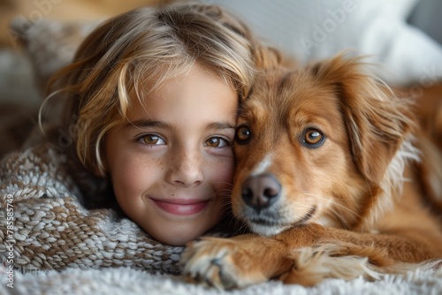A child cuddling with a golden retriever dog, both looking cozy and content