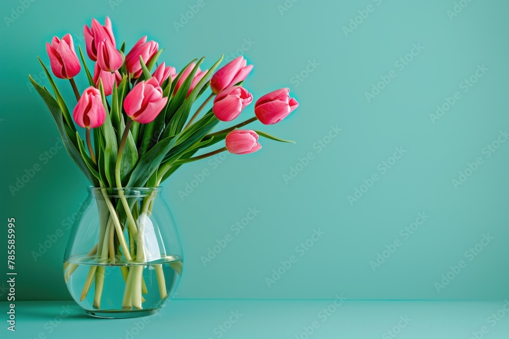 Bouquet of pink tulips in a vase before simple teal background.