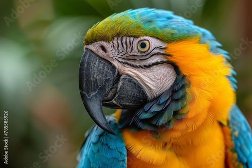 A detailed close-up portrait of a macaw parrot showcasing its vibrant blue and yellow feathers and intelligent gaze