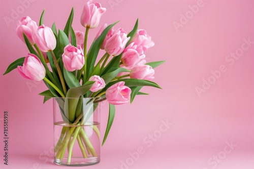 Wallpaper Mural Bouquet of pink tulips in a vase. Simple pink background. Torontodigital.ca