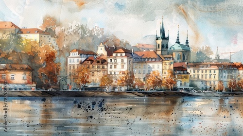 Panoramic Watercolor. European Cityscape by the River (Alternate) photo