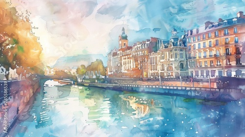 Panoramic watercolor illustration of a European city by the river.