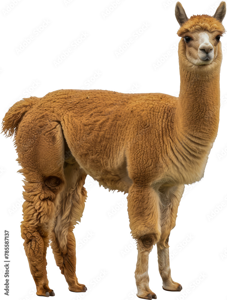 Brown alpaca standing isolated cut out png on transparent background