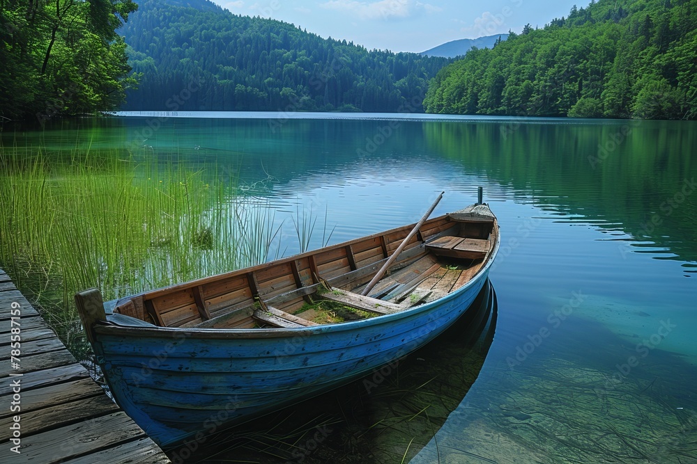 The calmness of a secluded mountain lake is encapsulated by an old blue wooden boat moored at the dock