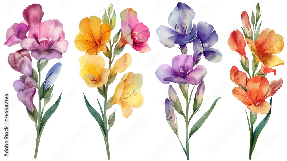 Collection of freesia flowers watercolor cutout png isolated on white or transparent background
