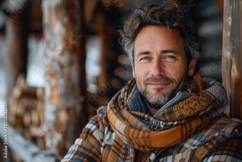 A mature man with grey hair displays a genuine smile, wearing a warm scarf in a rustic setting