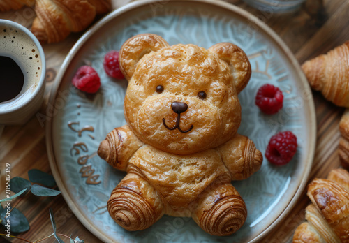 Delicious bear-shaped croissant and fresh raspberries