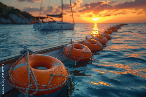 Sunset at sea with vivid orange lifebuoys on a dock and a yacht in the background