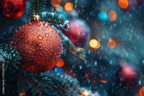 A festive red bauble with water droplets is hanging on a Christmas tree branch, with a backdrop of colorful defocused lights