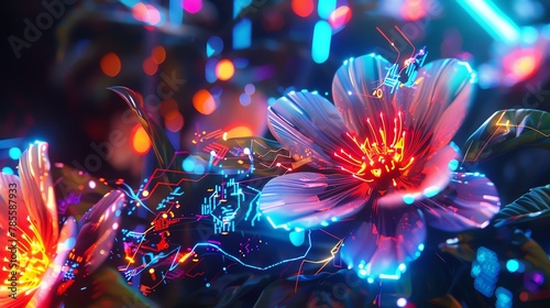 Craft a photorealistic digital rendering of a Cybernetic Garden of Robotic Flowers Show intricate details of metallic petals, glowing circuits, and vibrant neon colors Amplify the futuristic essence