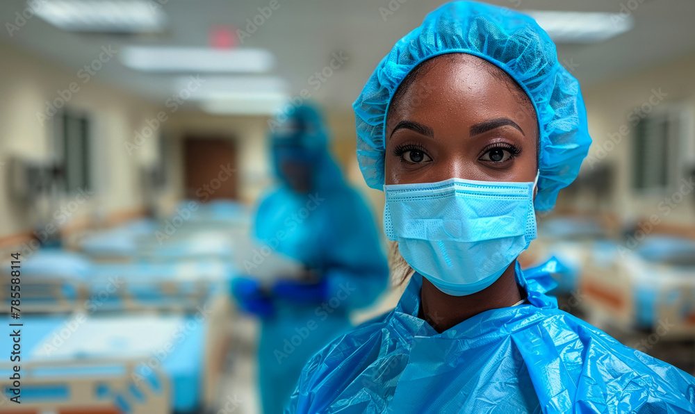 Nurse stands in hospital room wearing mask and blue gown. Nurse stands in hospital room wearing mask and blue gown.