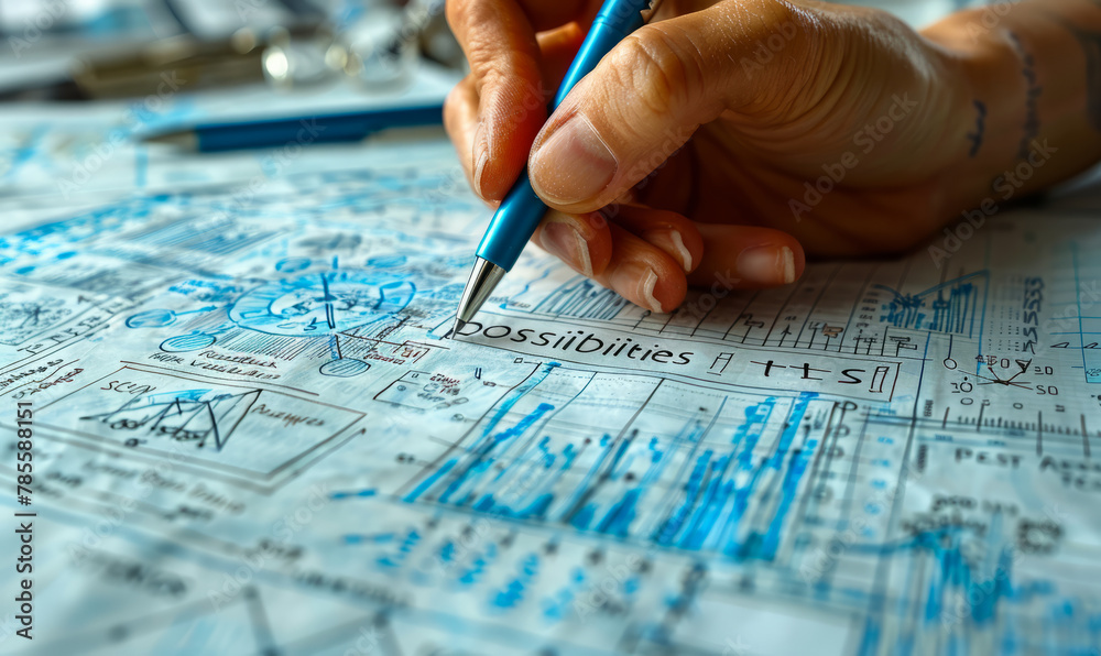 Hand holds pen and points to blue print. Hand holds pen and points to blue print.