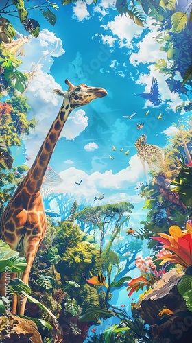 Transform traditional oil painting into a whimsical wildlife panorama with a futuristic twist Utilize unexpected camera angles to showcase the blend of nature and technology, bringing a fresh perspect photo