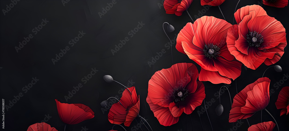 Stylized red poppies on black background, a symbol of remembrance and honor for veterans, perfect for commemorative events and memorial designs. - obrazy, fototapety, plakaty 