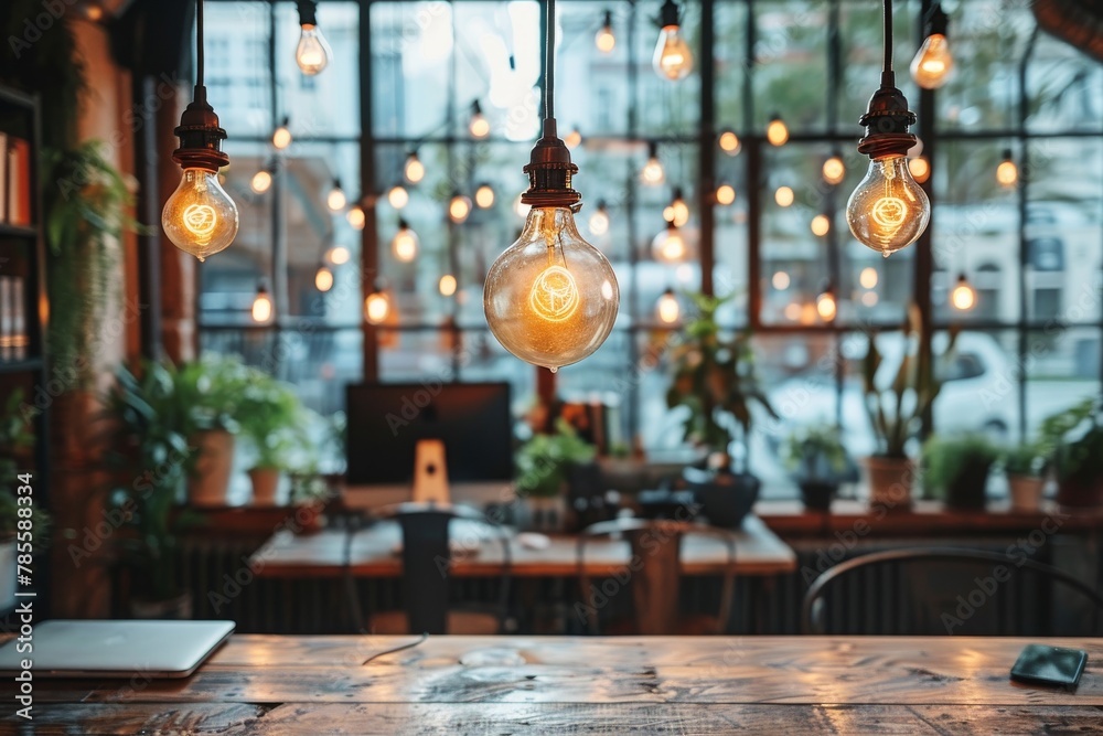 Warm and inviting café atmosphere showcasing hanging Edison light bulbs and green plant decor Warm and inviting café atmosphere showcasing hanging Edison light bulbs and green plant decor