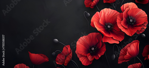 Stylized red poppies on black background, a symbol of remembrance and honor for veterans, perfect for commemorative events and memorial designs. photo