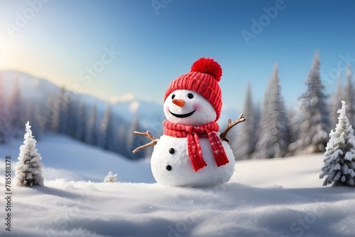 A snowman enjoying a sunbath in the snow.Adorable Snowman in the Snow Outside,snowman in the forest © Shani Studio