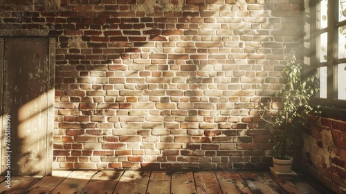 Photorealistic image of a weathered brick wall in a farmhouse living room, providing a blank canvas for design elements.