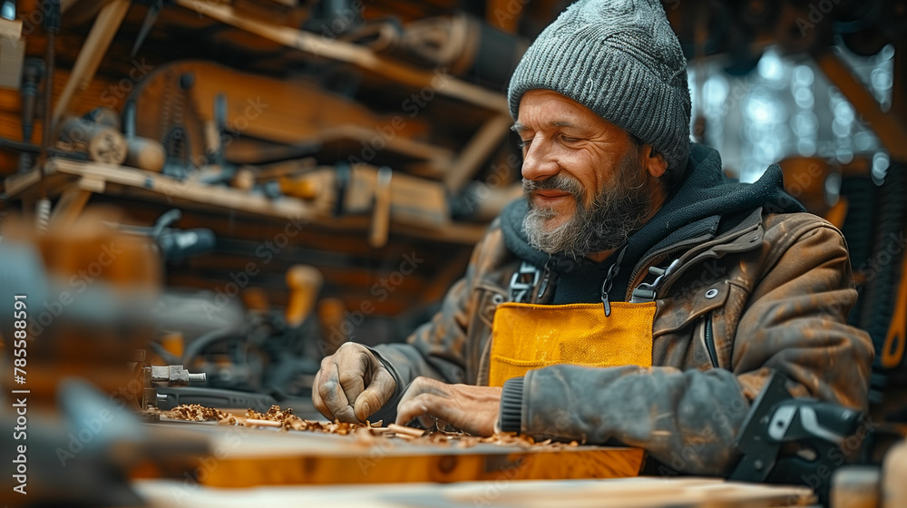 Man crafting woodwork with determination. Generative AI